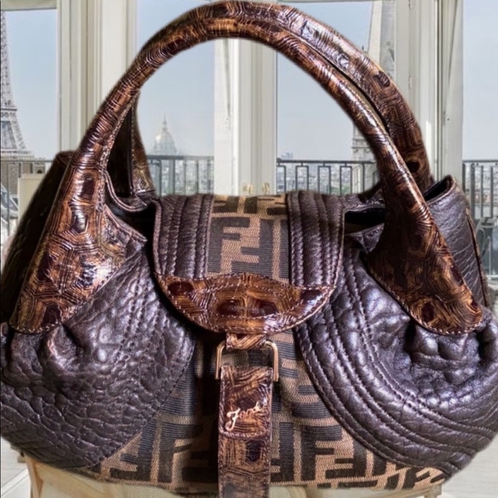 FENDI Vintage Zucca Canvas/Leather Tortoise Trim Mini Spy Bag